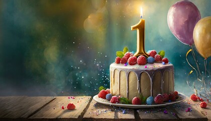 number 1 candle on a one year birthday or anniversary cake celebration with balloons and party