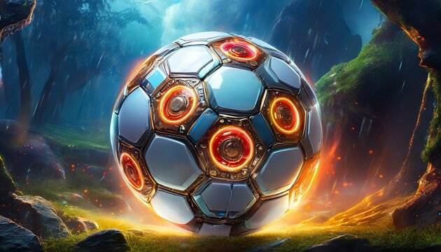 mechanical futuristic soccer ball or football in white glossy material with neon burning © MAWLOUD