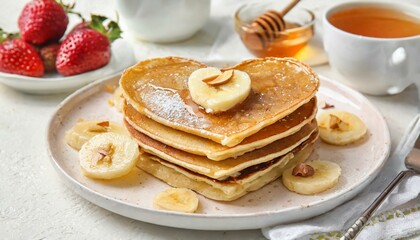 Fototapeta na wymiar Plate with tasty pancakes in shape of heart, dried banana and honey on light background.