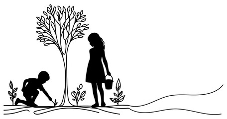 Continuous one black line art drawing Silhouette of children planting tree. Shovel digs roots plant into ground to save the world and earth day reduce global warming growth concept vector illustration