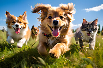 Naklejka na ściany i meble A group of adorable dogs and cats joyfully running and jumping in a grassy field, group of puppies, dogs playing in the park, generative ai