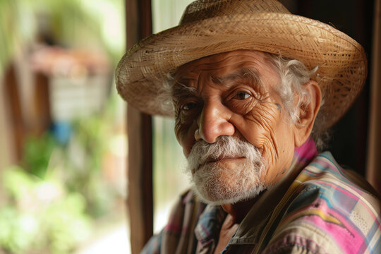 Wise Senior Man with Straw Hat in Tropical Setting