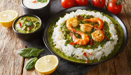 Spinach Shrimp Curry or Jheenga Palak cooked in a spinach, cream, spices, tomato and ginger