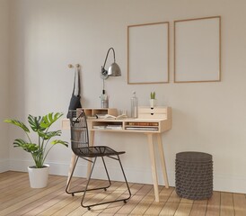 Frame interior, mockup frame, poster wood frame verticalin empty picture interior, work desk table cozy home room in illustration 3d rendering.
