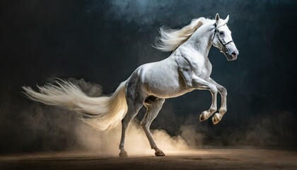 Obraz na płótnie Canvas Standing and rearing silver white horse in studio interior dramatic lighting isolated on black background.