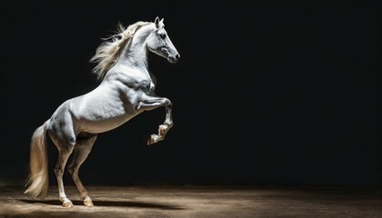 Standing and rearing silver white horse in studio interior dramatic lighting isolated on black background.