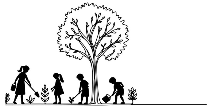 Continuous one black line art drawing Silhouette of children planting tree. Shovel digs roots plant into ground to save the world and earth day reduce global warming growth concept vector illustration