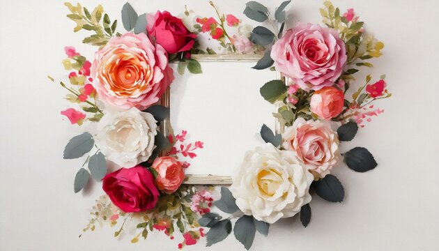 set of roses and flowers floral wreath or picture invitation greeting card mockup with empty space