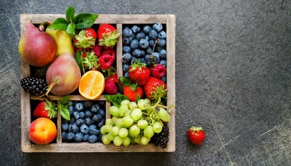 Top view, wooden box with fruits, berries and vegetables. Frame with space for text.