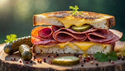 traditional melted grilled cheese with smoked salami, sausage and pickles as closeup at a bb - obrazy, fototapety, plakaty