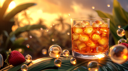 glass with iced tea, fresh berries and fruits, ice. Against the backdrop of the summer heat - obrazy, fototapety, plakaty