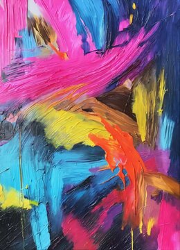 Abstract neon oil painting on canvas. Brush stroke and splash color. Contemporary painting. Modern poster for wall decoration
