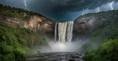 Waterfall during a thunderstorm with dramatic clouds and lightning in the background