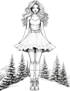 Antistress image for adults and children. A girl in summer clothes travels through the mountains.