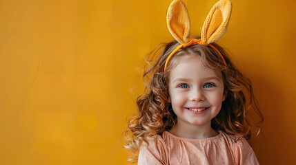 A cute little girl in bunny headband for Easter Egg day standing against a yellow backdrop with a space for text or product, Generative AI.