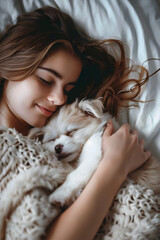 Woman and Dog Find Comfort in the bed