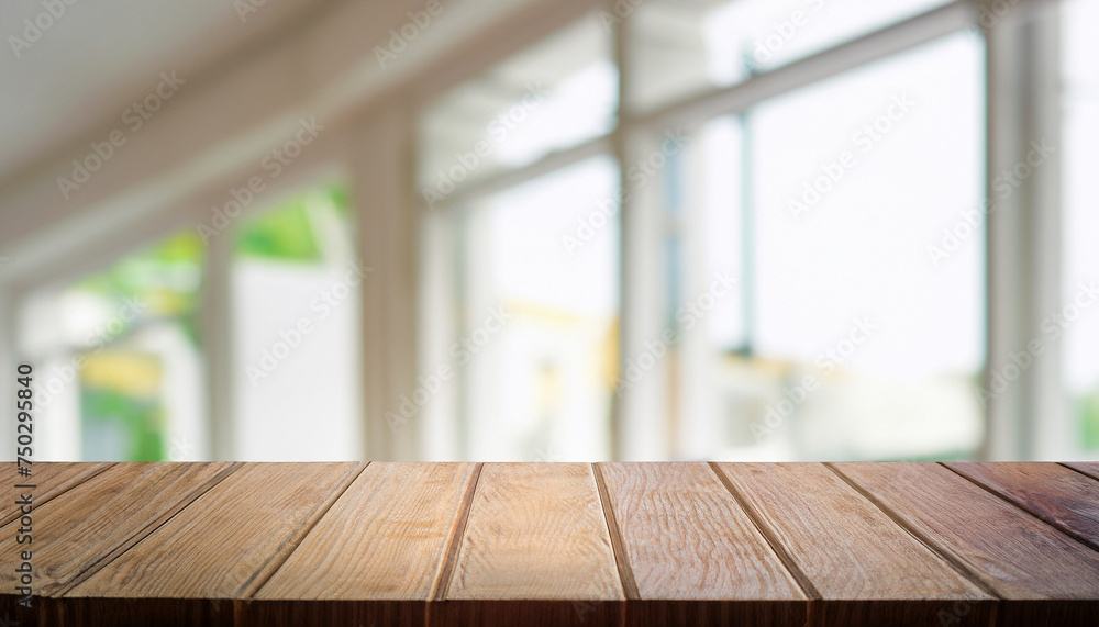 Poster wooden board empty table in front of blurred background. perspective white house and window - can be