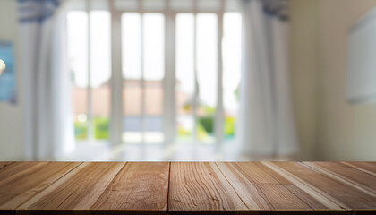 Fototapeta na wymiar Wooden board empty table in front of blurred background. Perspective white house and window - can be used for display or montage your products. Mock-up for display of product.