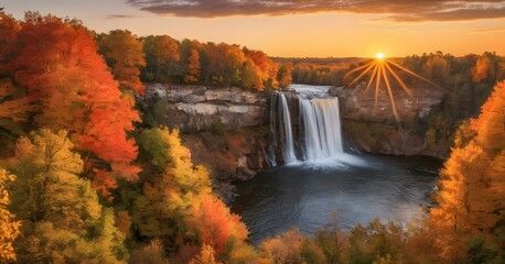 Waterfall during the golden hour as the setting sun casts warm hues over the fall foliage
