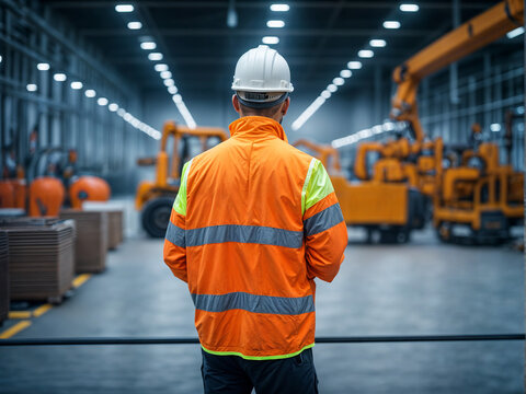 A working man wearing a security vest stands in factory