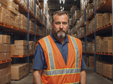 A working man wearing a security vest stands in front of a wall of boxes