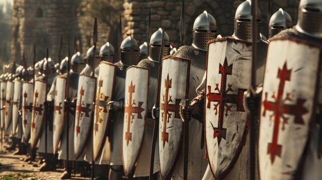 A line of Teutonic Knights marches in formation their shields and spears held high.