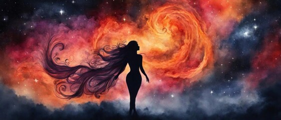 The image is a painting of a person with a fire explosion in the background, set in outer space or the universe.
