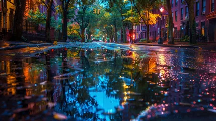  As night falls the rain continues to pour turning the city into a glistening wonderland. The street is deserted save for a few brave souls braving the weather their reflections © Justlight