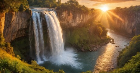 Waterfall during the golden hour with warm soft light illuminating the scene
