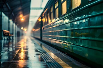 an old Green Train at the train Station - obrazy, fototapety, plakaty