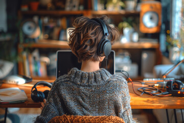 Female bloggers use studios equipped with microphones and laptops to livestream podcasts and YouTube videos. She delivers her charm to her fans on the Internet. Internet live streaming concept.