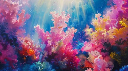 Fototapeta na wymiar The deep sea comes alive in a burst of electric colors as if an artists brush has painted the coral landscape with bright pinks blues and yellows. Rays of sunlight filter