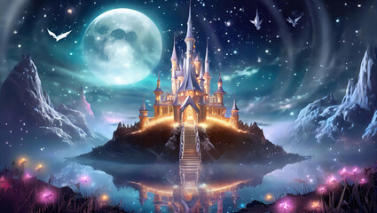 Magical kingdom, glowing castle, silver moonlight, dreamy fantasy, night sky - obrazy, fototapety, plakaty