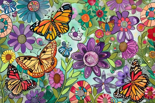 Cartoon cute doodles of a butterfly garden attracting colorful butterflies with nectar-rich flowers, Generative AI