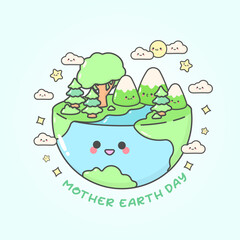 mother earth day mountain nature with cute facial expressions and pastel colour