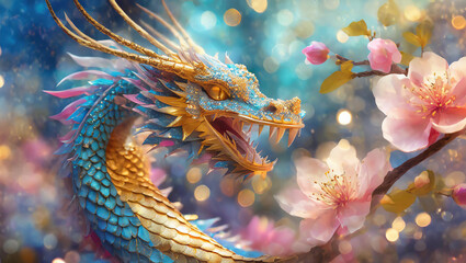 Golden and blue realistic dragon , peach flower, dreamy soft fantasy background