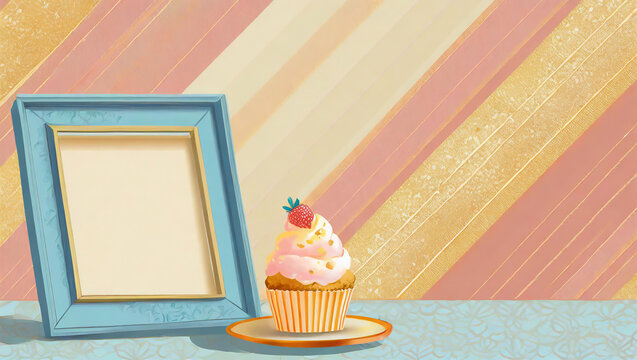 Blue photo frame with cup cake on the left side of the table, peach and gold diagonal wall pattern