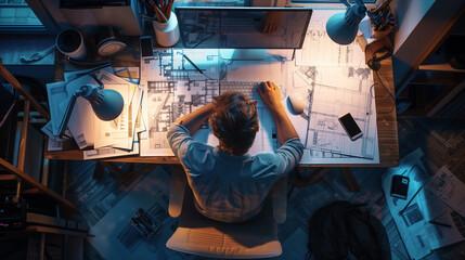 An architect working at his desk at night.