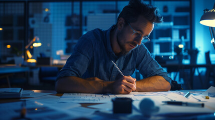An architect working at his desk at night. - obrazy, fototapety, plakaty