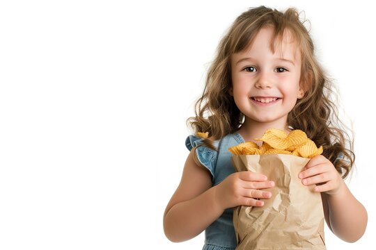 A little girl holding chips packet against a white backdrop a brown chips packet mockup with space for text, Generative AI.