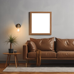 Empty wooden frame mockup on living room background with brown sofa