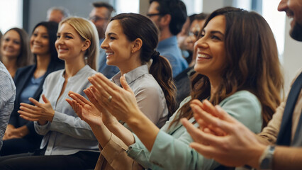 background photo of young people applauding in the conference room, Applauding people. Happy satisfied audience joyfully applauding during business conference or seminar. - obrazy, fototapety, plakaty