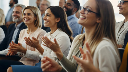 Business people, conference and happy audience laughing at a seminar, workshop or training. Diversity men and women crowd at a presentation for learning, knowledge and funny corporate discussion.blur