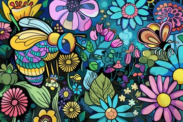 Fotobehang Cartoon cute doodles of a bee pollinating flowers in a vibrant garden scene, Generative AI © Starlight