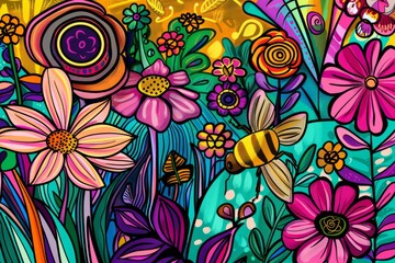 Fototapeta na wymiar Cartoon cute doodles of a bee pollinating flowers in a vibrant garden scene, Generative AI