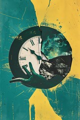 Hands hold a watch, yellow backdrop