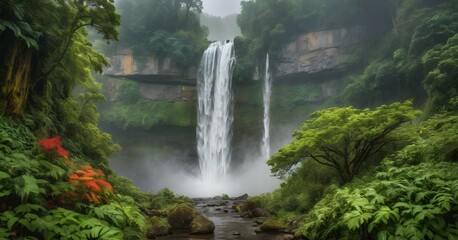 Fototapeta na wymiar Waterfall shrouded in mist and surrounded by lush and vibrant colors in rainy weather