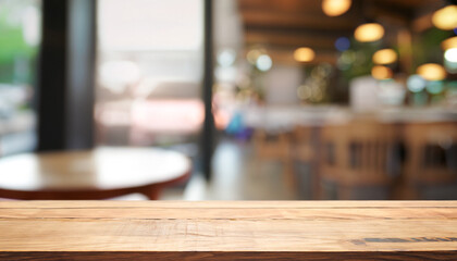 Naklejka na ściany i meble Empty wooden table in front of abstract blurred background of coffee shop. can be used for display or montage your products. Mock-up for display of product