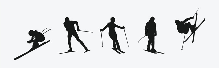 Vector set silhouette of ski. Winter sport, extreme sport concept. Isolated background. Vector illustration. - obrazy, fototapety, plakaty