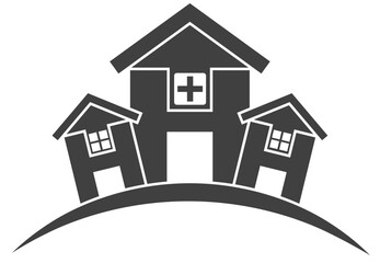 Hospital building design in black and white. Objects contains a white border.